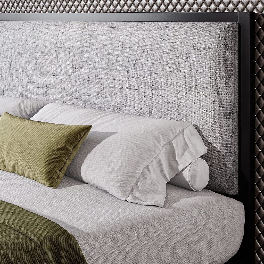 Queen Size Grey Metal Platform Bed Frame with Upholstered Headboard V59501