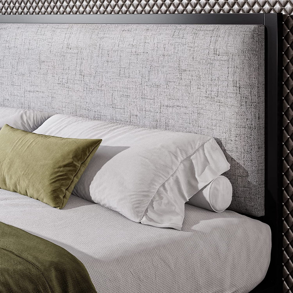 Queen Size Grey Metal Platform Bed Frame with Upholstered Headboard V59501