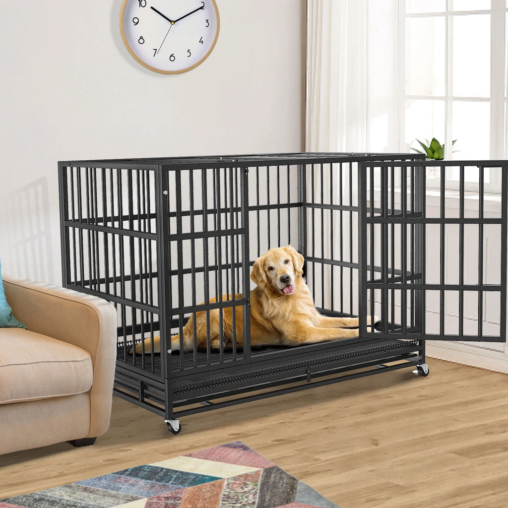 48/38 inch Heavy Duty Dog Crate Kennel with Removable Trays, Wheels and Double Door S3750
