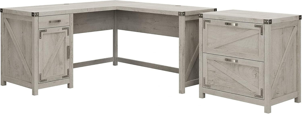 L Shaped Desk with 2 Drawer File Cabinet, 60W, Cottage White E869