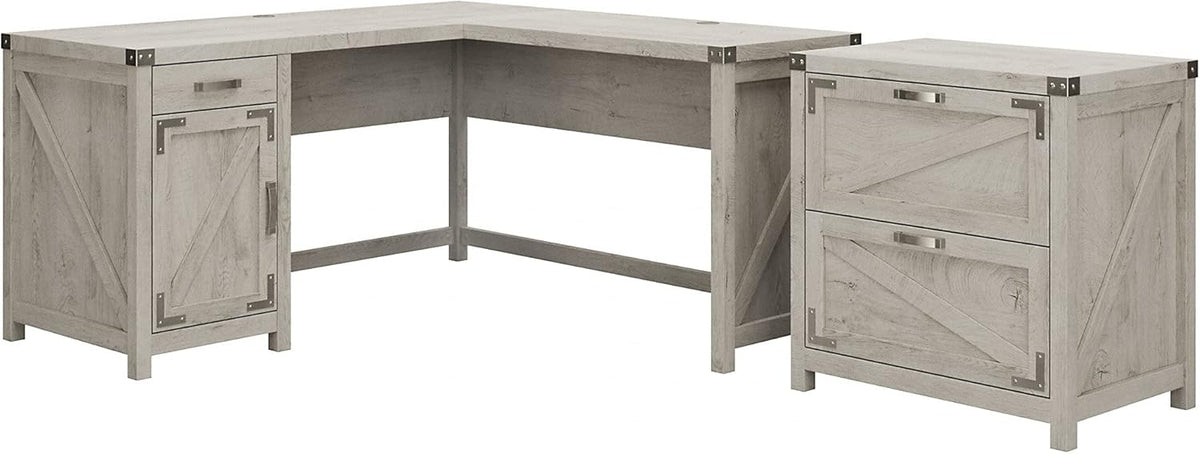 L Shaped Desk with 2 Drawer File Cabinet, 60W, Cottage White E869