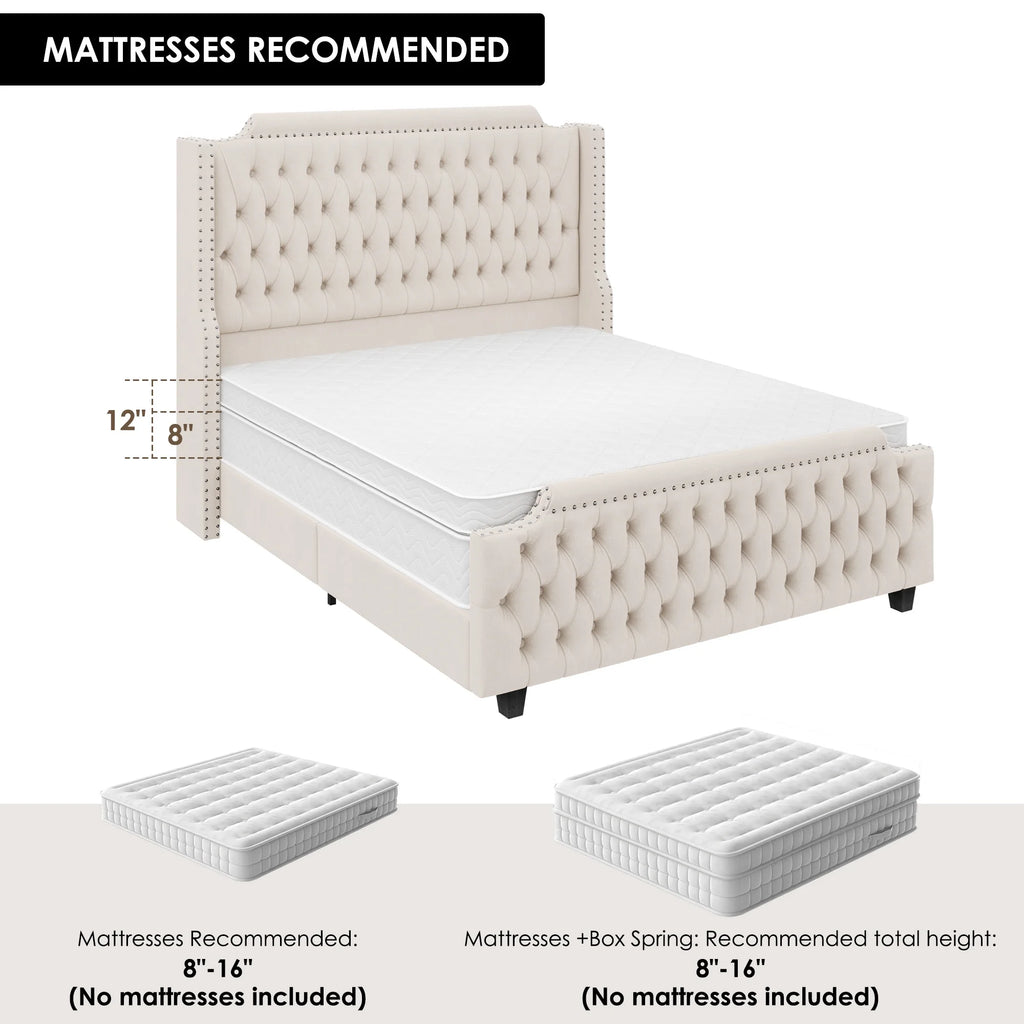 Queen Size Velvet Button Tufted Upholstered Bed with Headboard and Footboard L648