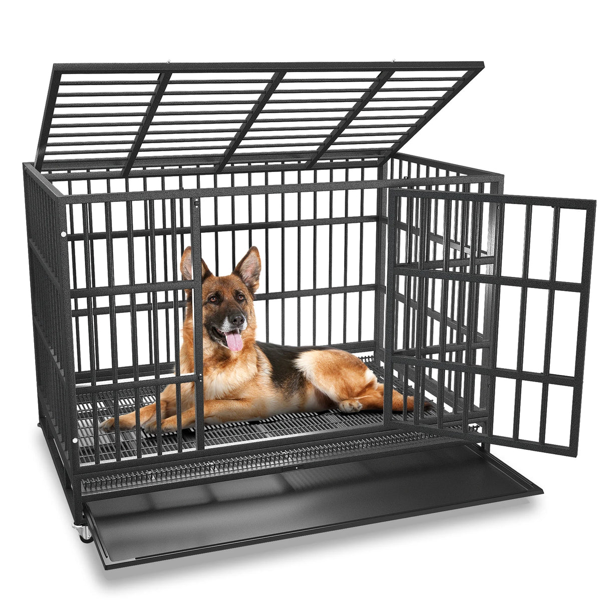 48/38 inch Heavy Duty Dog Crate Kennel with Removable Trays, Wheels and Double Door S3750