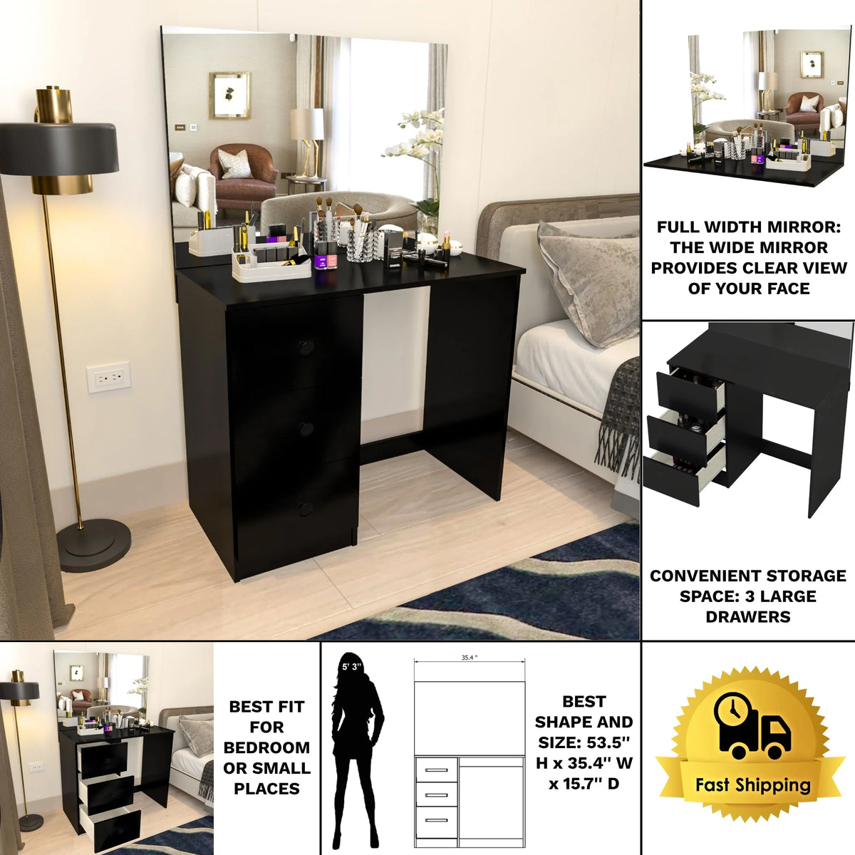 Black 3 Drawer Vanity Table with Mirror D105866