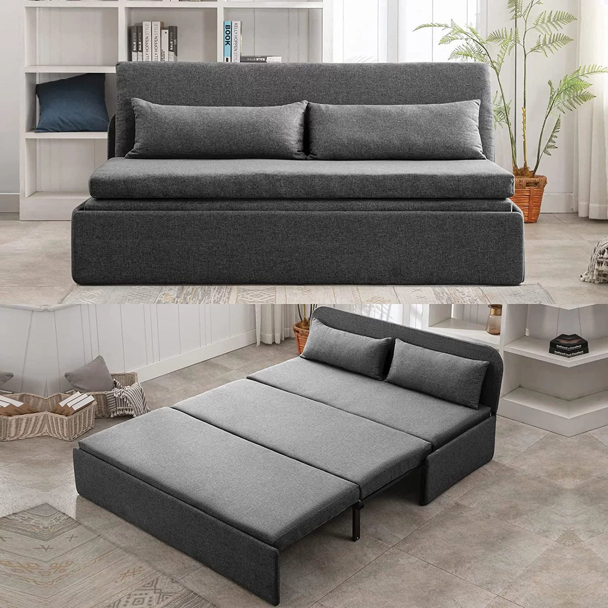 Queen Size Convertible Linen Sleeper Sofa Bed Dark Gray B819453
