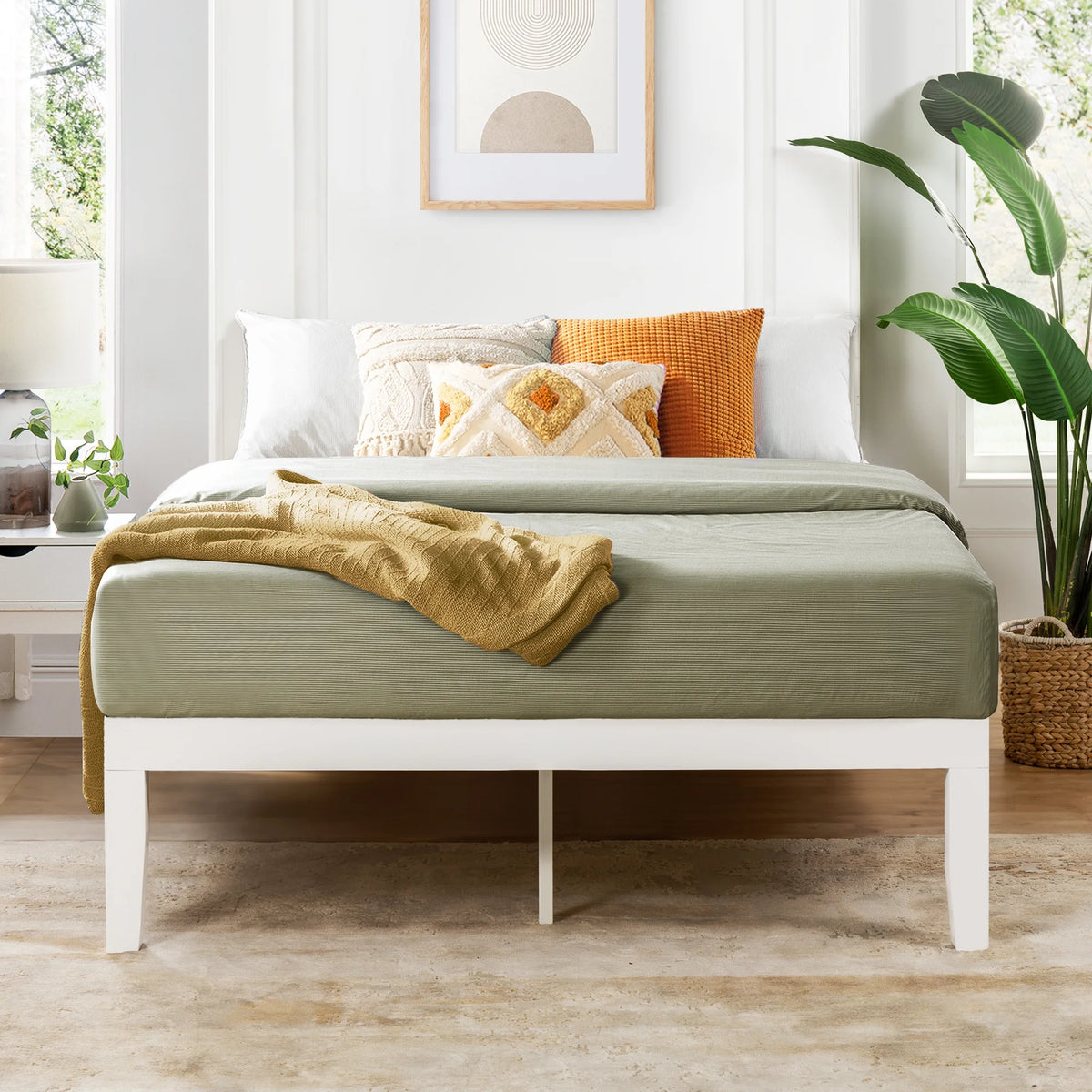White Full Solid Wood Platform Bed with Wooden Slats M192