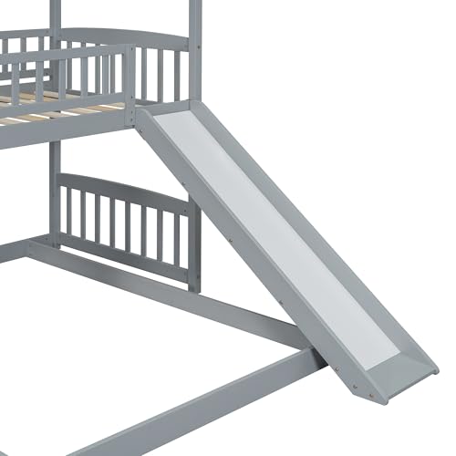 Twin Over Full Bunk Bed with Stairs and Slide, Gray M29973
