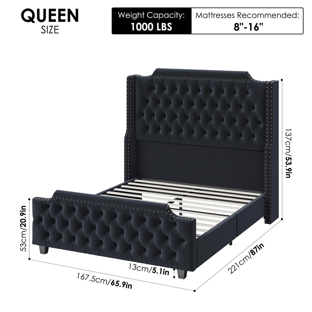 Queen Size Velvet Button Tufted Upholstered Bed with Headboard and Footboard L648