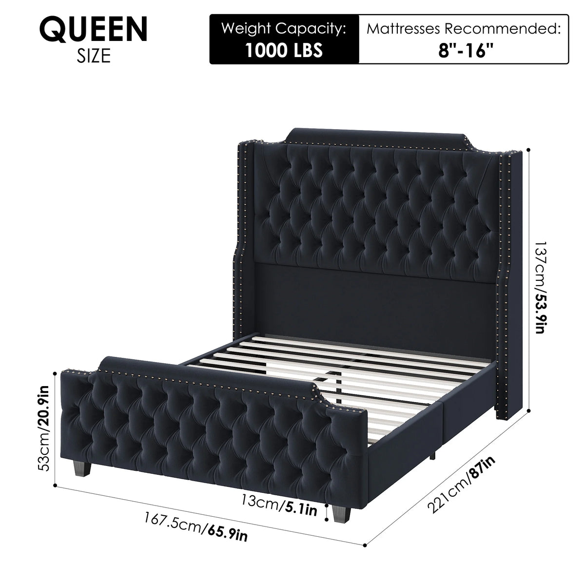 Queen Size Velvet Button Tufted Upholstered Bed with Headboard and Footboard L648