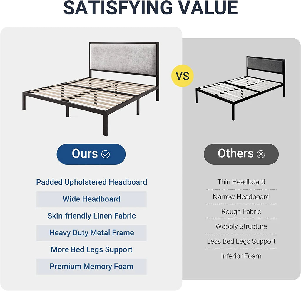 Queen Size Grey Metal Platform Bed Frame with Upholstered Headboard V59501