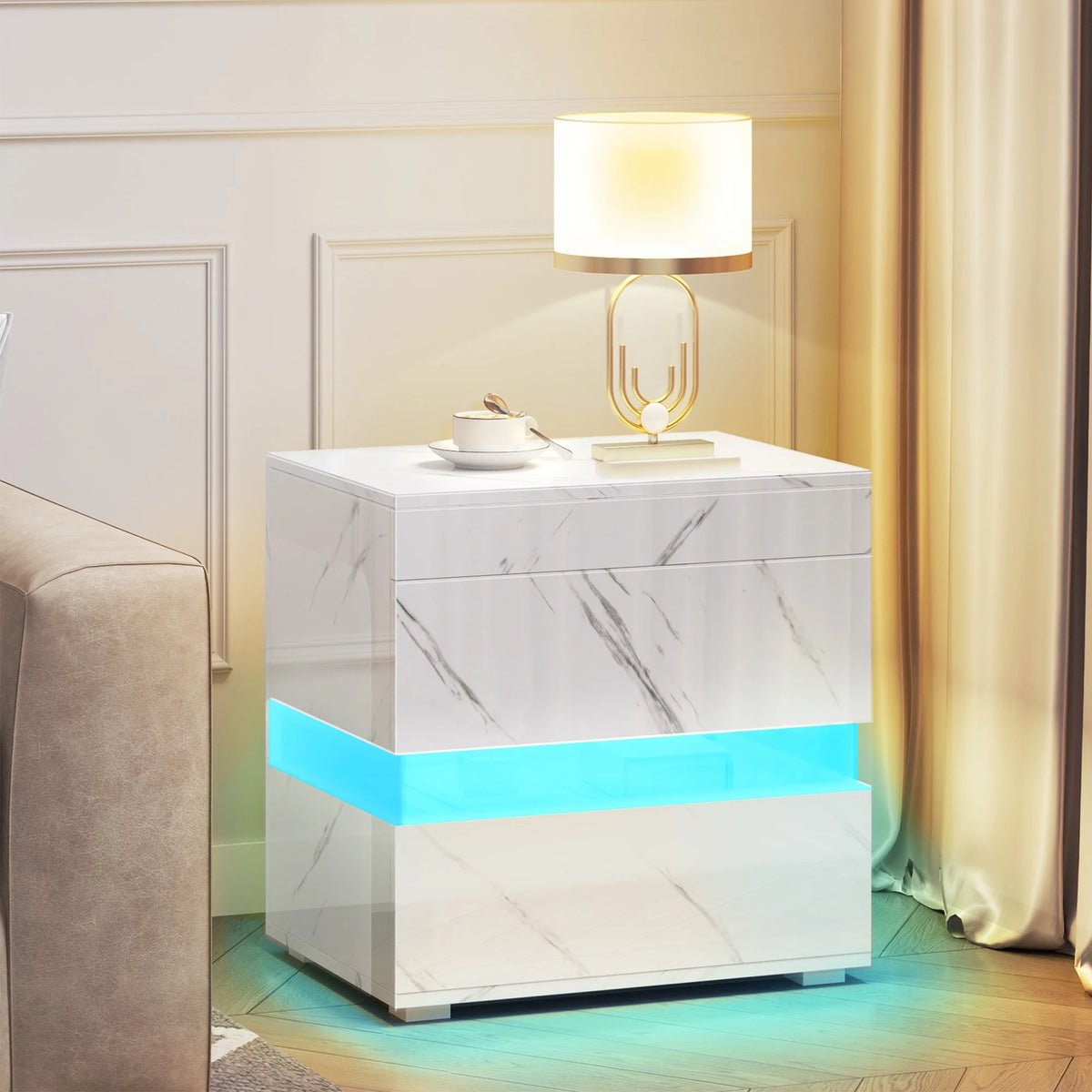 High Gloss LED Nightstand with 3 Drawers T24171