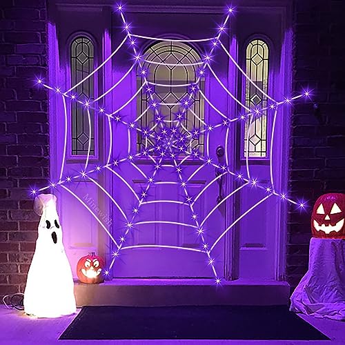 Purple LED Light Up Spiderweb & Large Spider Halloween Decorations P6126