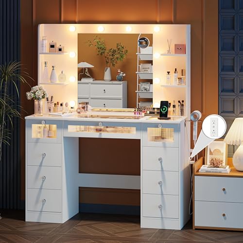 White Vanity Desk with Mirror and Lights, Glass Top, 9 Drawers, 4 Shelves T9637