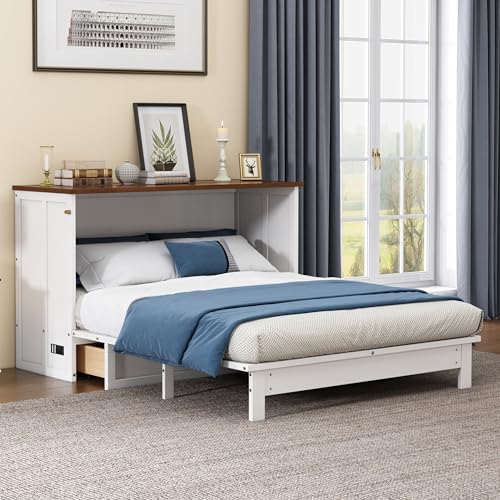 Queen Size White Murphy Bed Cabinet with Charging Station & Storage Drawer V2416