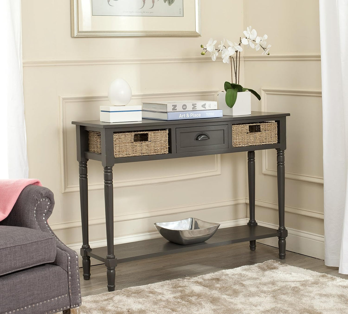 Grey Wicker Console Table with Storage C591668
