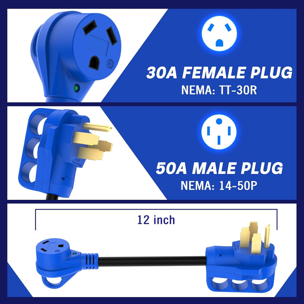 50 Amp to 30 Amp RV Adapter with Grip Handle, 12 Inch Pack of 2 K474237
