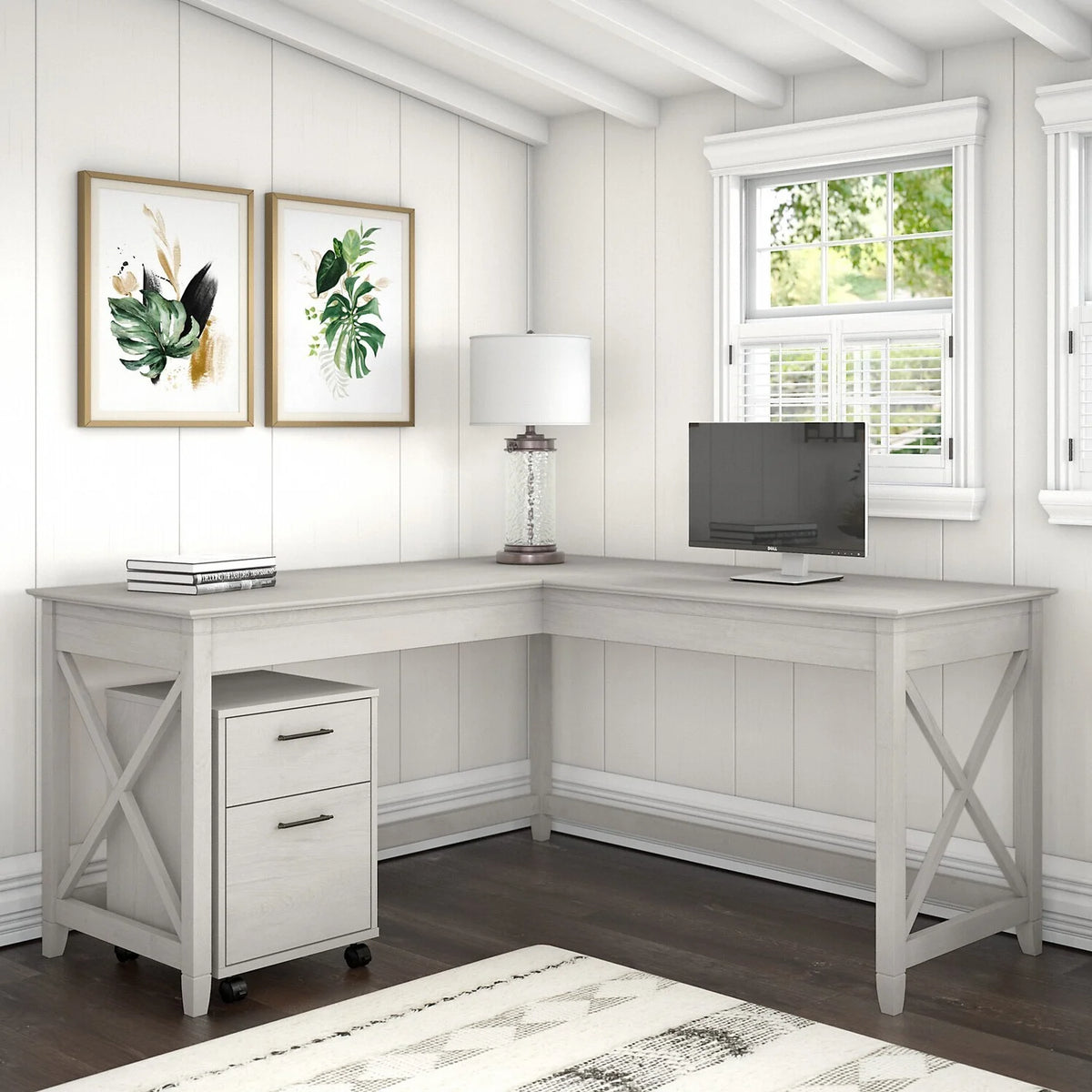 60W L Shaped Desk With 2 Drawer Mobile File Cabinet N5554