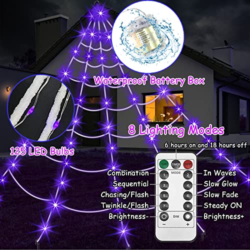 Purple LED Light Up Spiderweb & Large Spider Halloween Decorations P6126