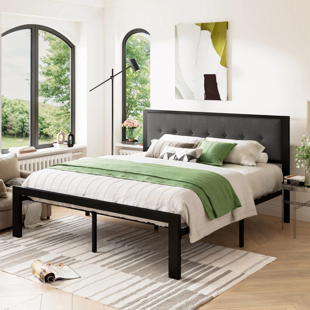 Black King Size Metal Platform Bed Frame with Fabric Headboard R58203