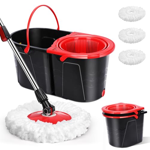 Spin Mop and Bucket with Wringer Set, 3 Mop Heads G139