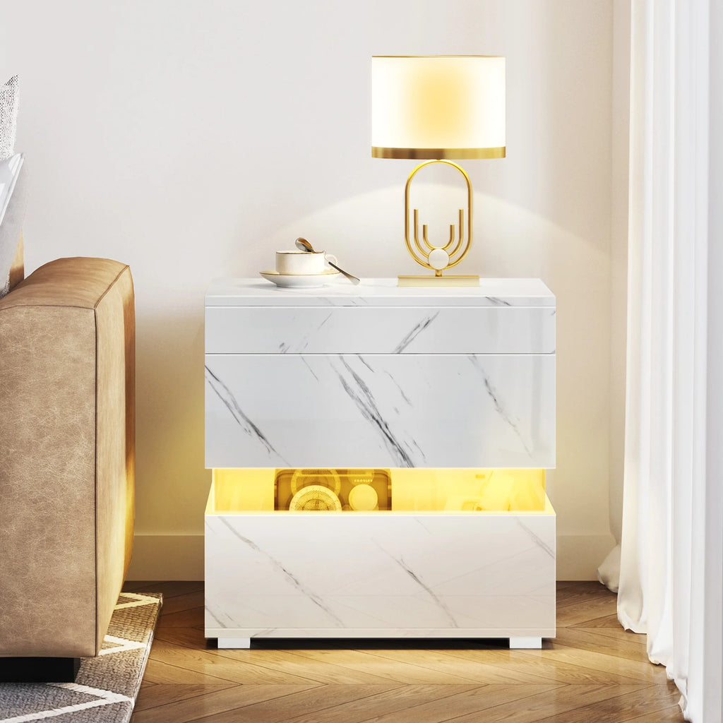 High Gloss LED Nightstand with 3 Drawers T24171