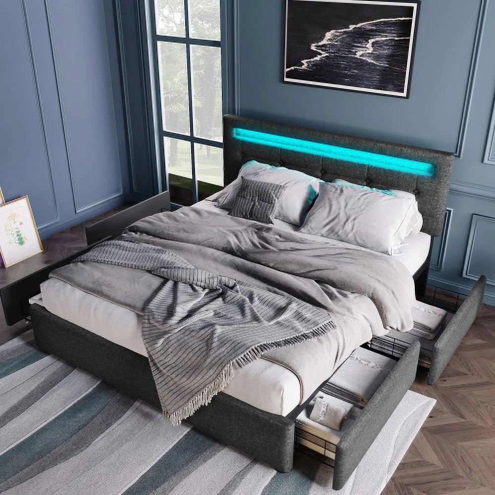 Grey Full Size Upholstered Platform Bed Frame with 4 Storage Drawers I2046