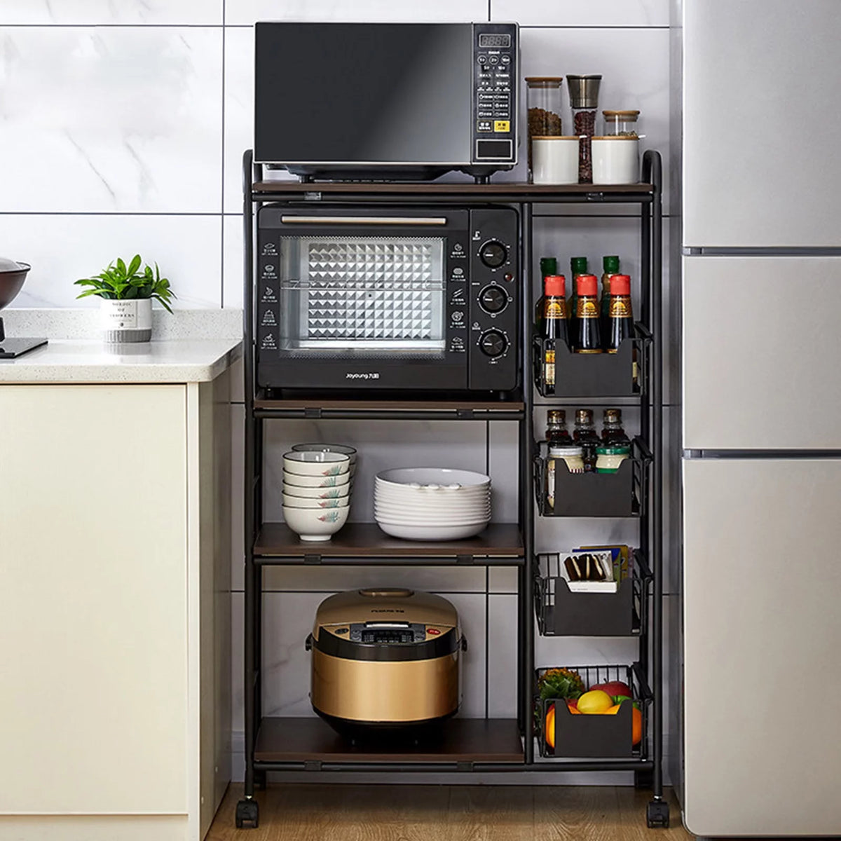 Black Kitchen Storage Rack with Push-Pull Drawer H26819