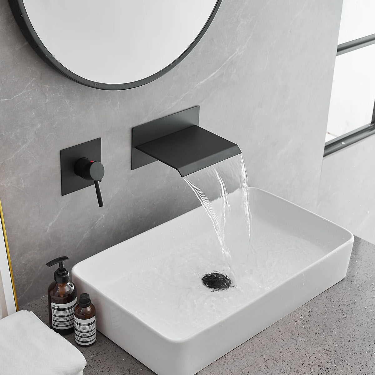Wall Mount Waterfall Bathroom Faucet Matte Black F56977