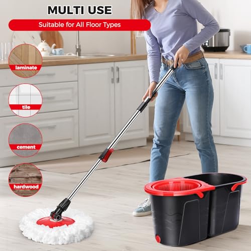 Spin Mop and Bucket with Wringer Set, 3 Mop Heads G139
