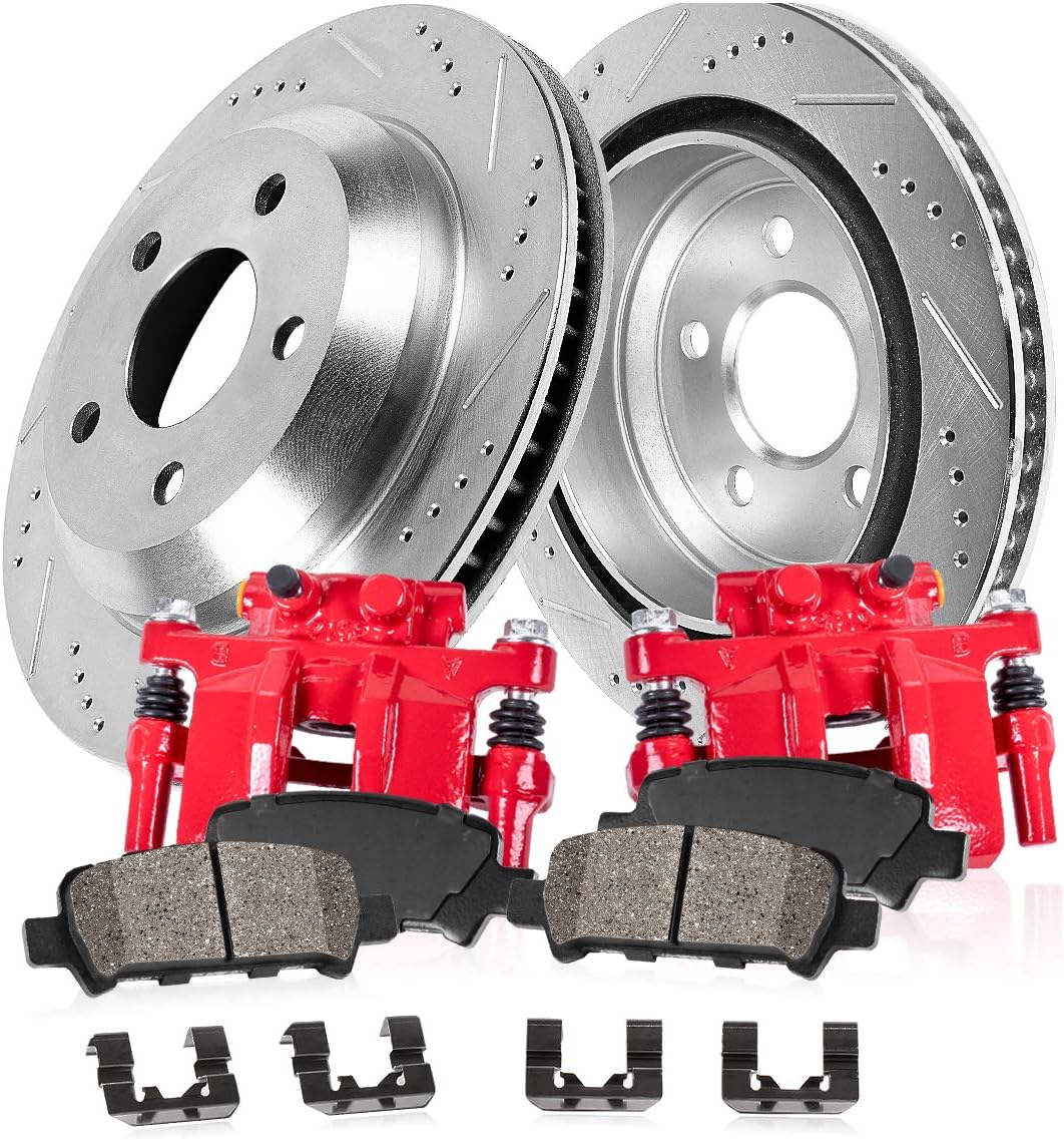 Rear Powder Coated Red Calipers 5 Lug Rotors Ceramic Pads Kit W21195