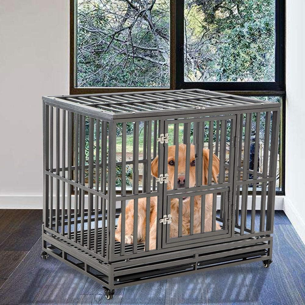 38 Heavy Duty Metal Dog Crate with Double Doors and Wheels, Black I2701
