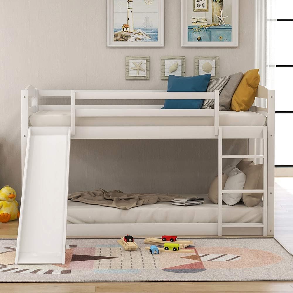 Twin House Shaped Bunk Beds with Slide and Ladder E5084