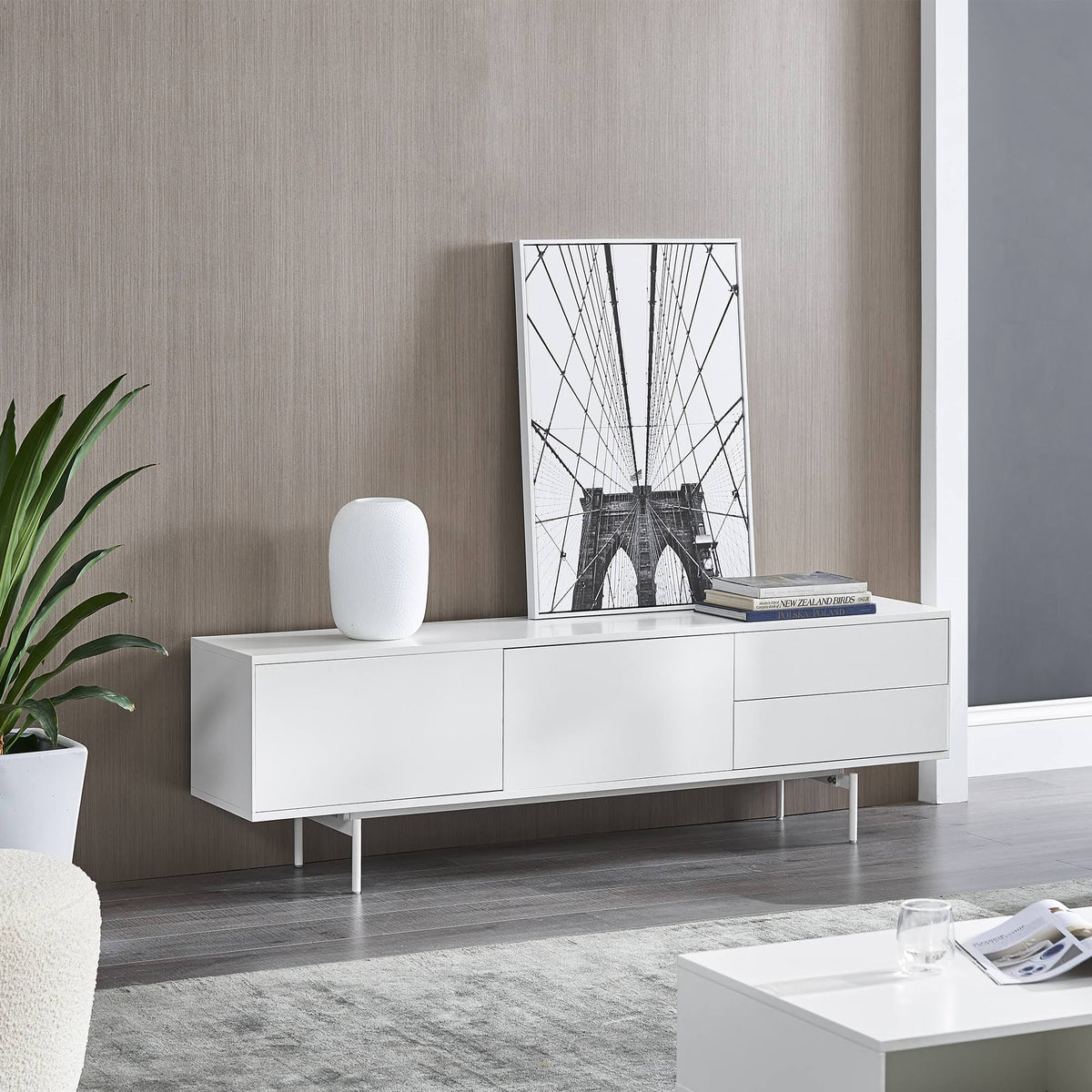 White TV Console with Soft-Close Doors L637936