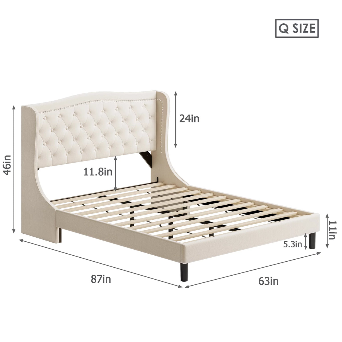 King Bed Frame with Wing-Back Button Tufted Upholstered Headboard A18508
