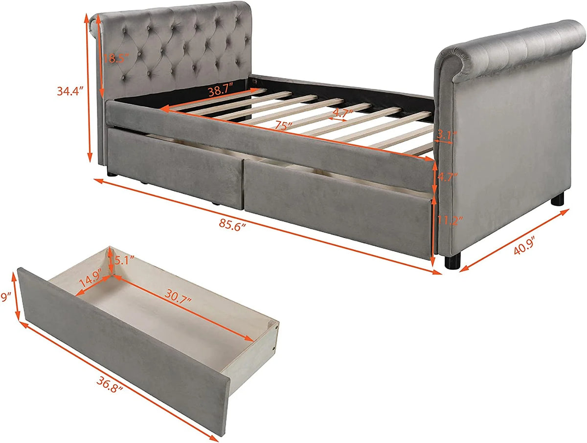Grey Upholstered Daybed with Storage Drawers M504