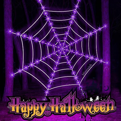 Purple LED Light Up Spiderweb & Large Spider Halloween Decorations P6126