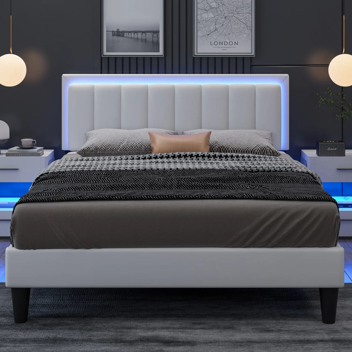 Queen Size LED Upholstered Platform Bed Frame P247729