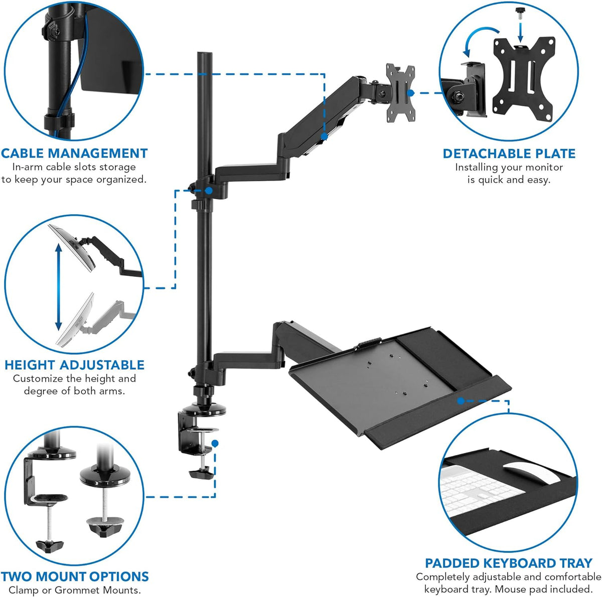 Black Height Adjustable Monitor Desk Mount with Keyboard Tray X952