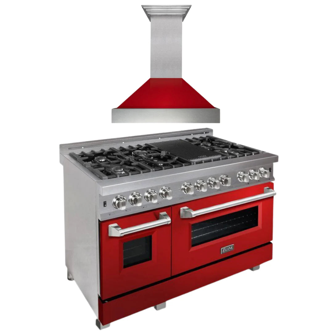 48 in. Dual Fuel Range with Red Gloss Door & Range Hood Appliance Package K66475
