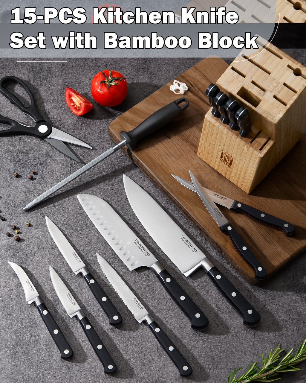 15-Piece High Carbon Stainless Steel Knife Set with Bamboo Storage Block V52435