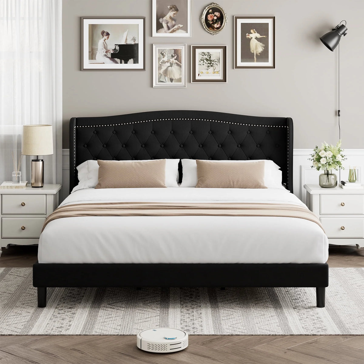 King Bed Frame with Wing-Back Button Tufted Upholstered Headboard A18508