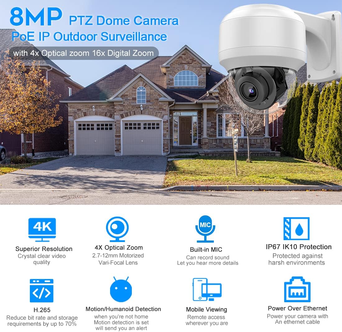 8MP PTZ PoE IP Dome Camera with Built-in Mic I148