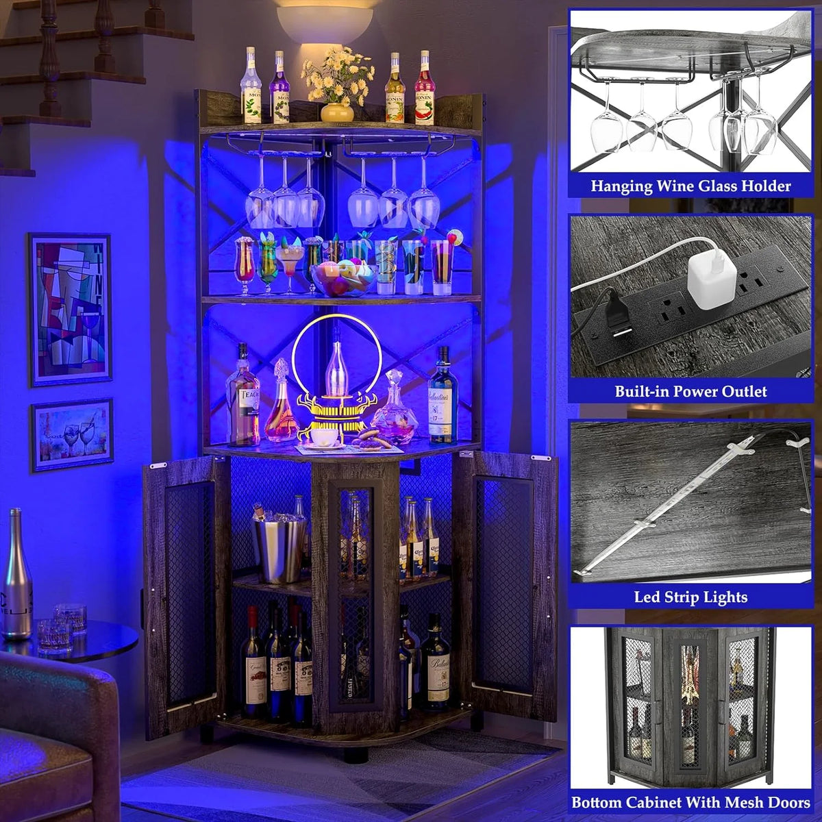 Grey Oak 5-Tiers Corner Bar Cabinet with Power Outlet X63526