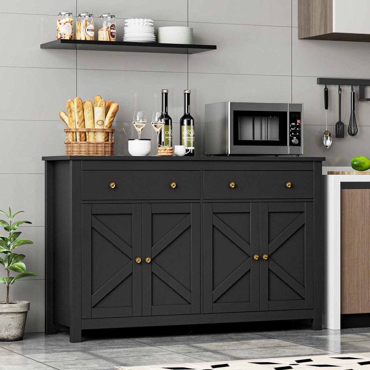 Brown 4-Door 2-Drawer Wood Buffet Cabinet V89493