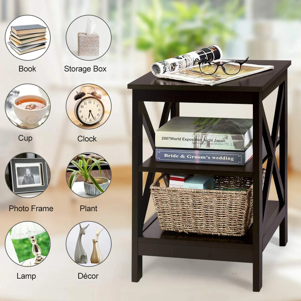 3-Tier Nightstand Set of 2 Wooden Side Table with Storage Shelf T907346