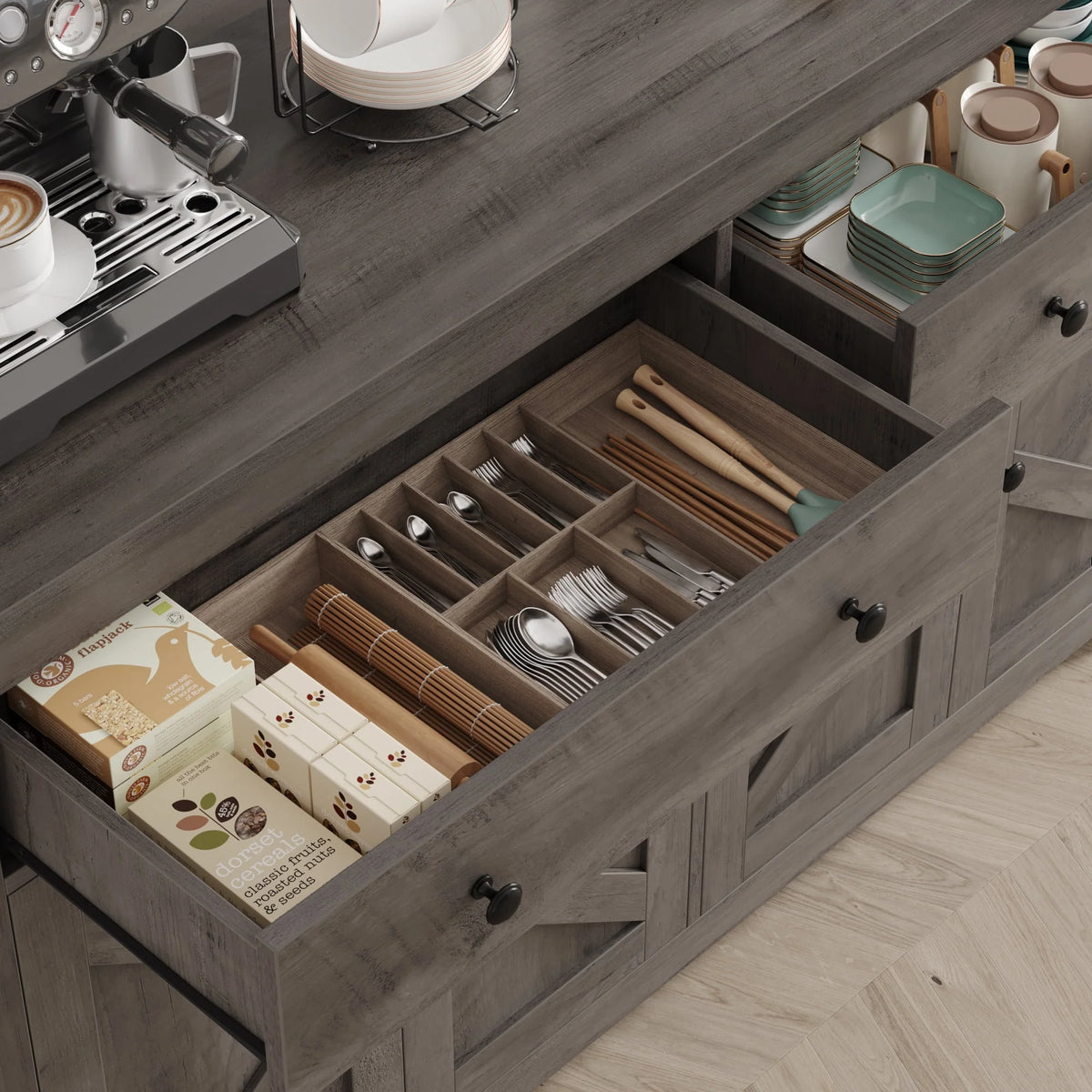 Brown 4-Door 2-Drawer Wood Buffet Cabinet V89493