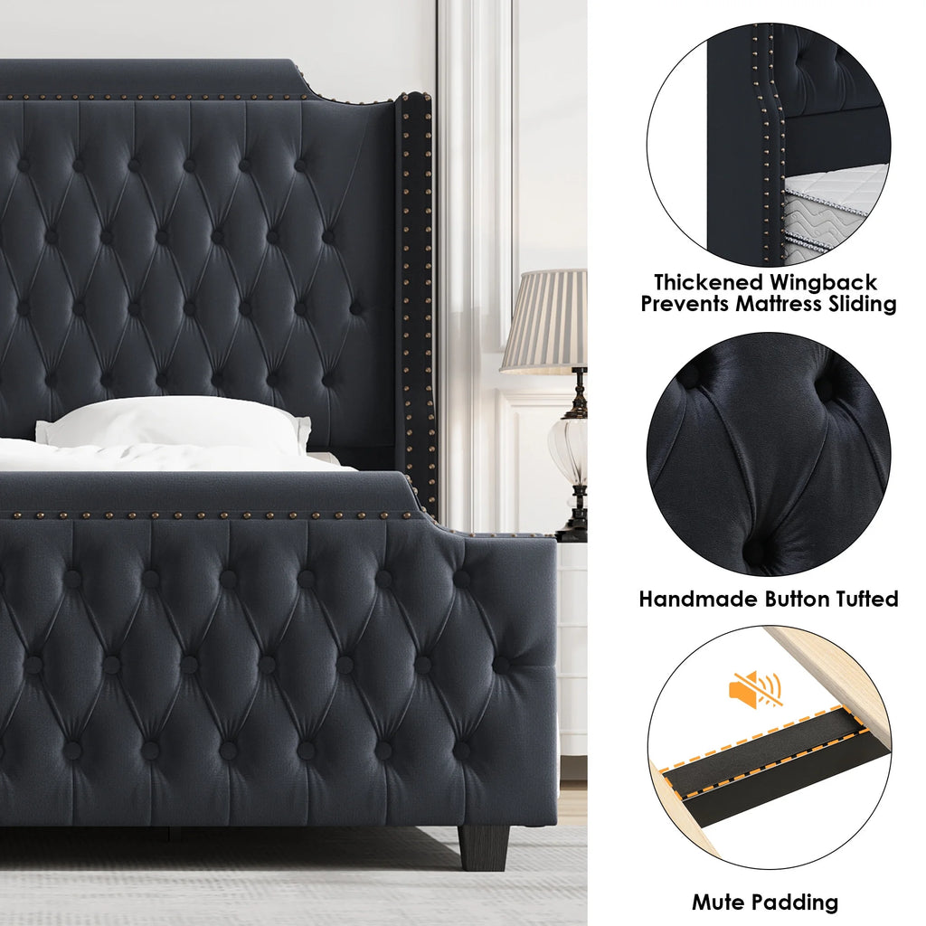 Queen Size Velvet Button Tufted Upholstered Bed with Headboard and Footboard L648
