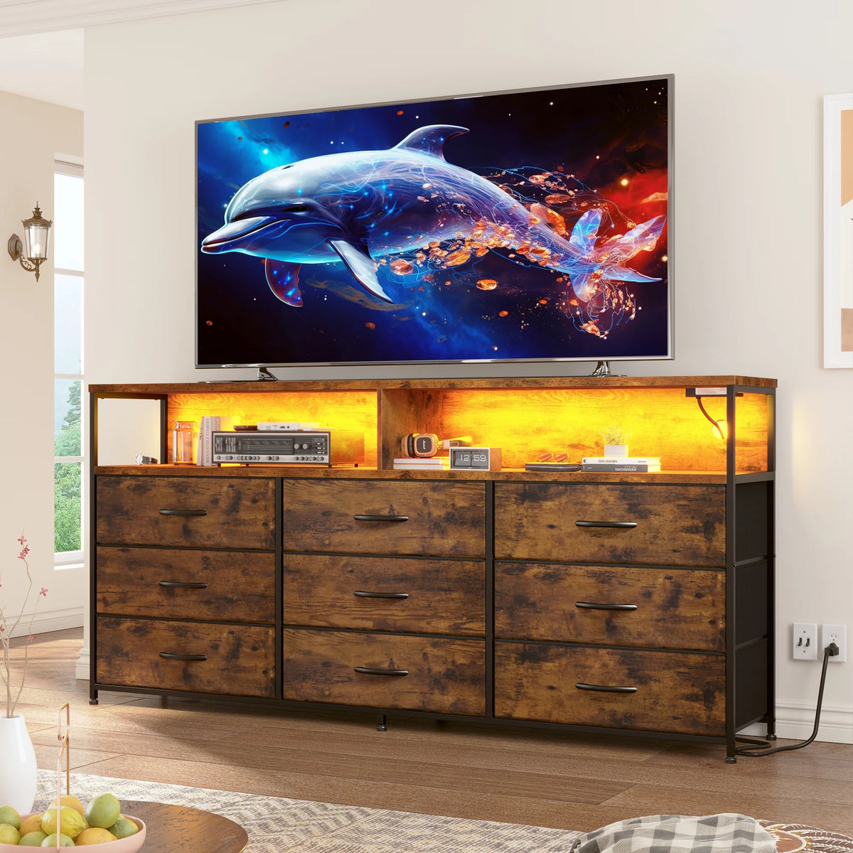 Black Dresser TV Stand with 9 Fabric Drawers & Power Outlet I6608