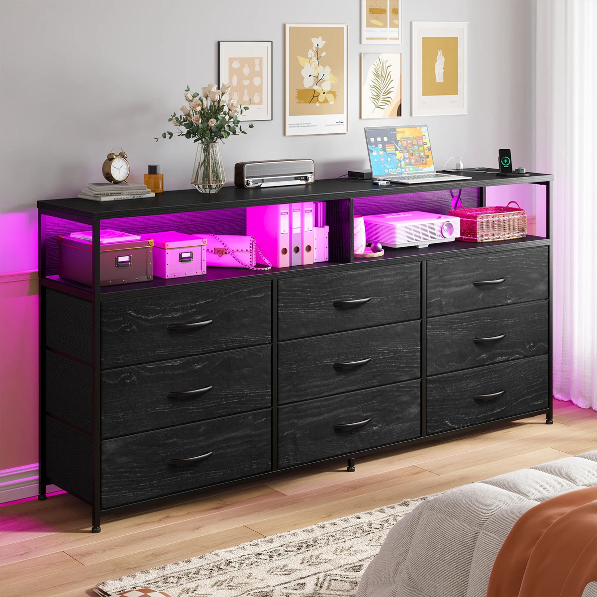 Black Dresser TV Stand with 9 Fabric Drawers & Power Outlet I6608