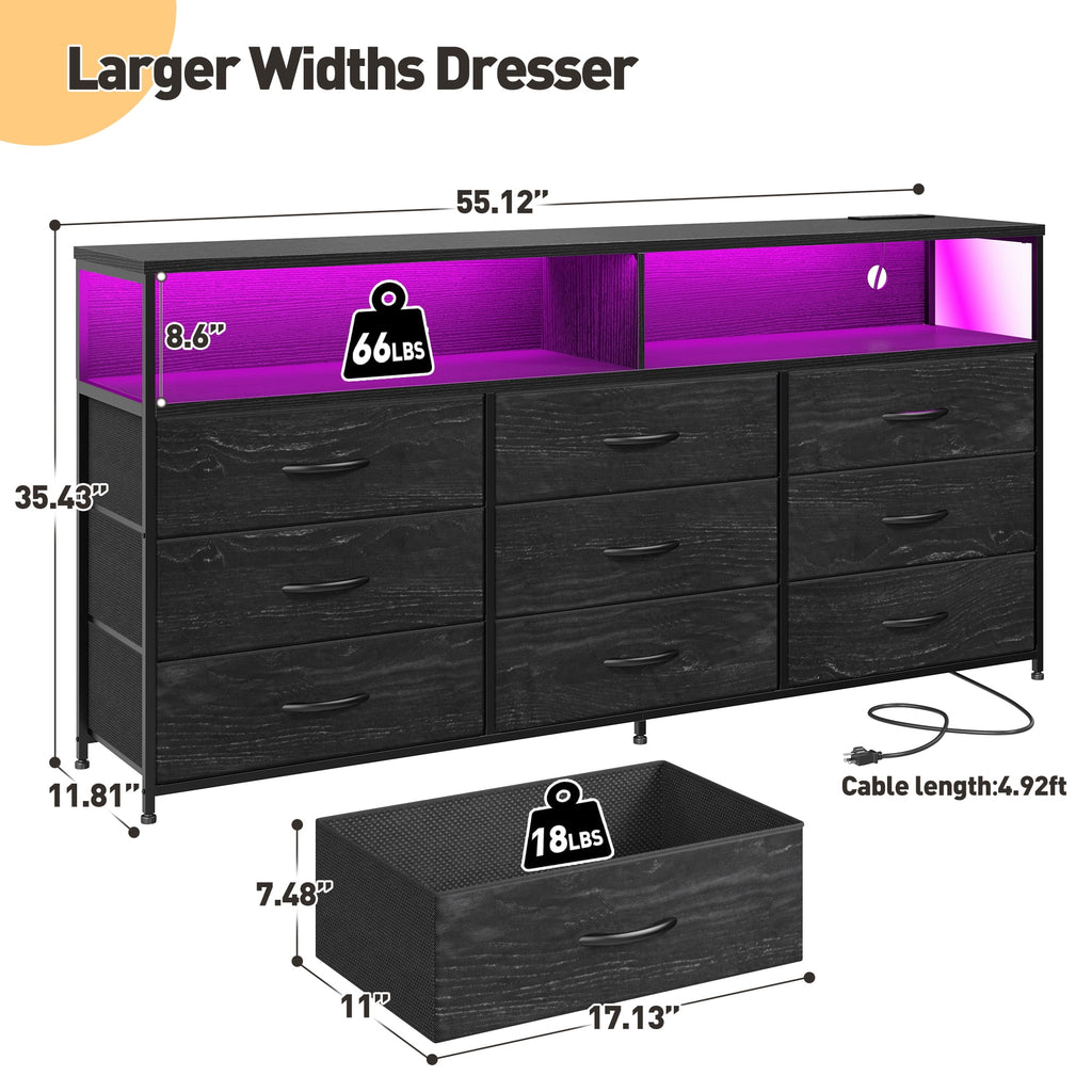 Black Dresser TV Stand with 9 Fabric Drawers & Power Outlet I6608